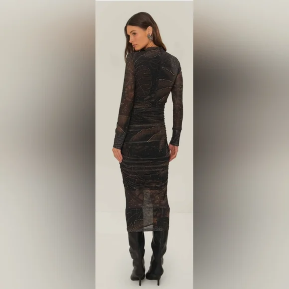 Farm Rio Black Golden Foliage Tulle Midi Dress - Picture 14 of 15